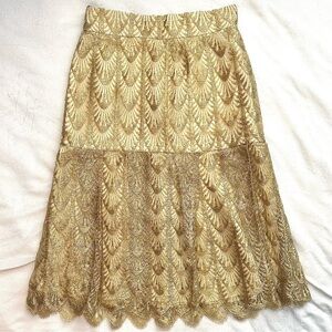 Vintage Lisa Maghazeh Gold Lace Gatsby Flare Midi Skirt 24” XS lined art deco